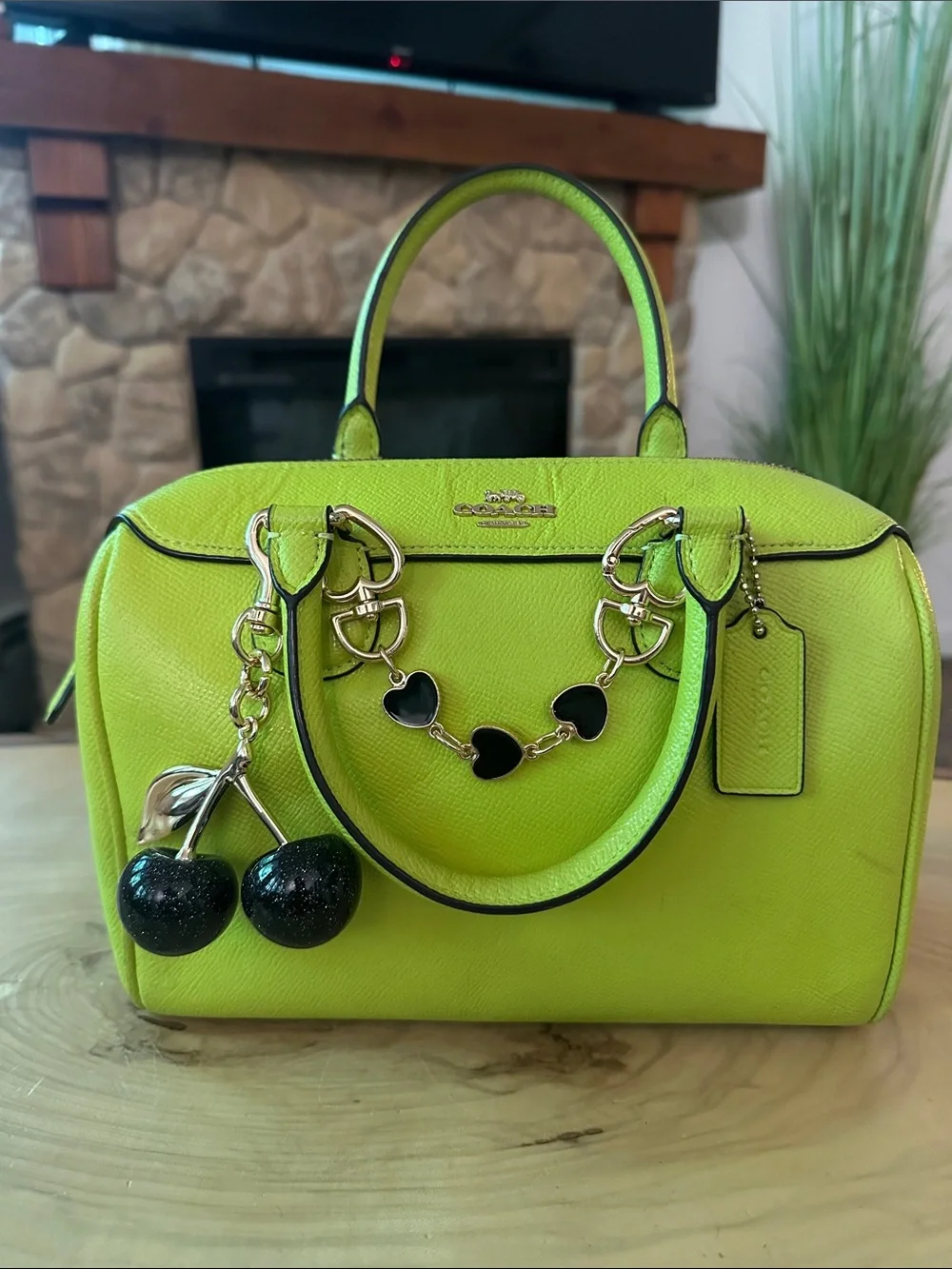 💚💛💚💛Coach Neon Yellow/lime Saffiano Leather Satchel with Cherry Charm